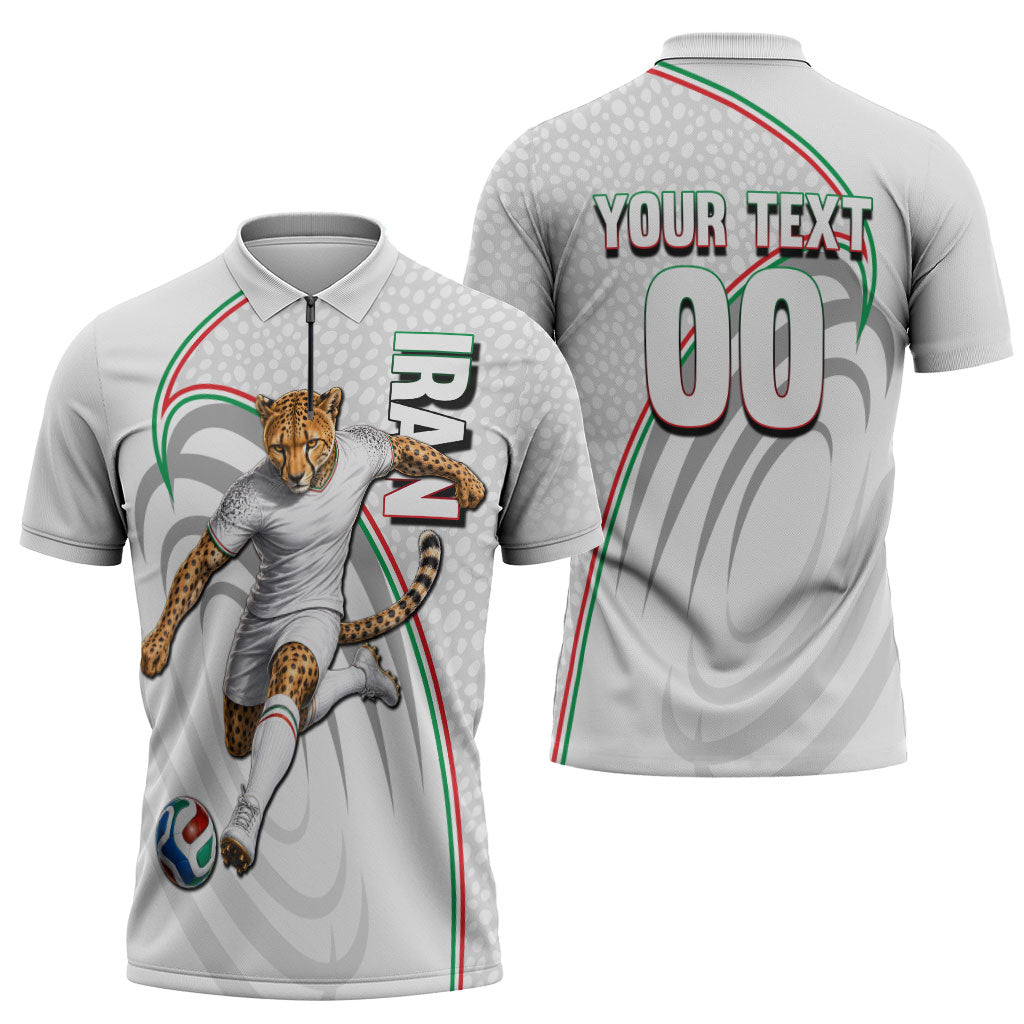 Personalized Iran Football Cheetah Zipper Polo Shirt Team Melli Persian Soccer Graphic Art