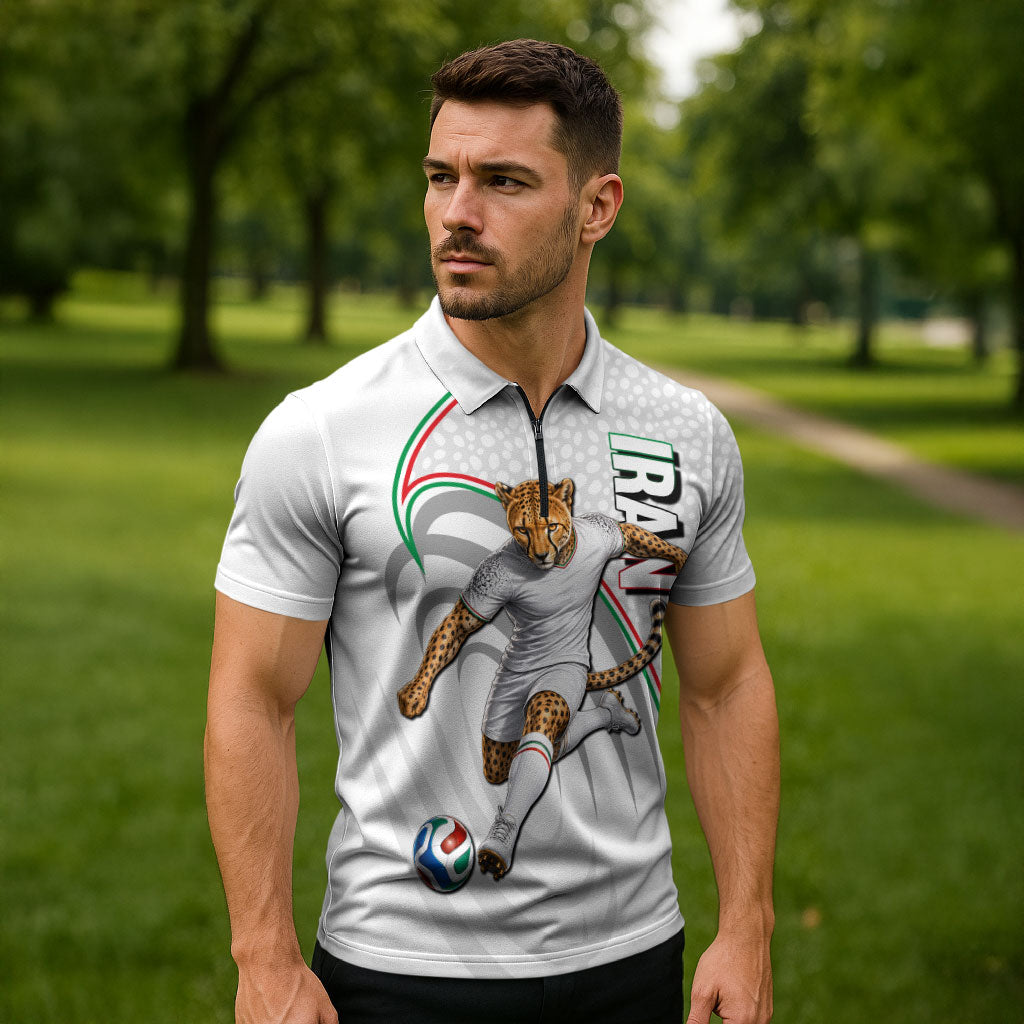 Personalized Iran Football Cheetah Zipper Polo Shirt Team Melli Persian Soccer Graphic Art