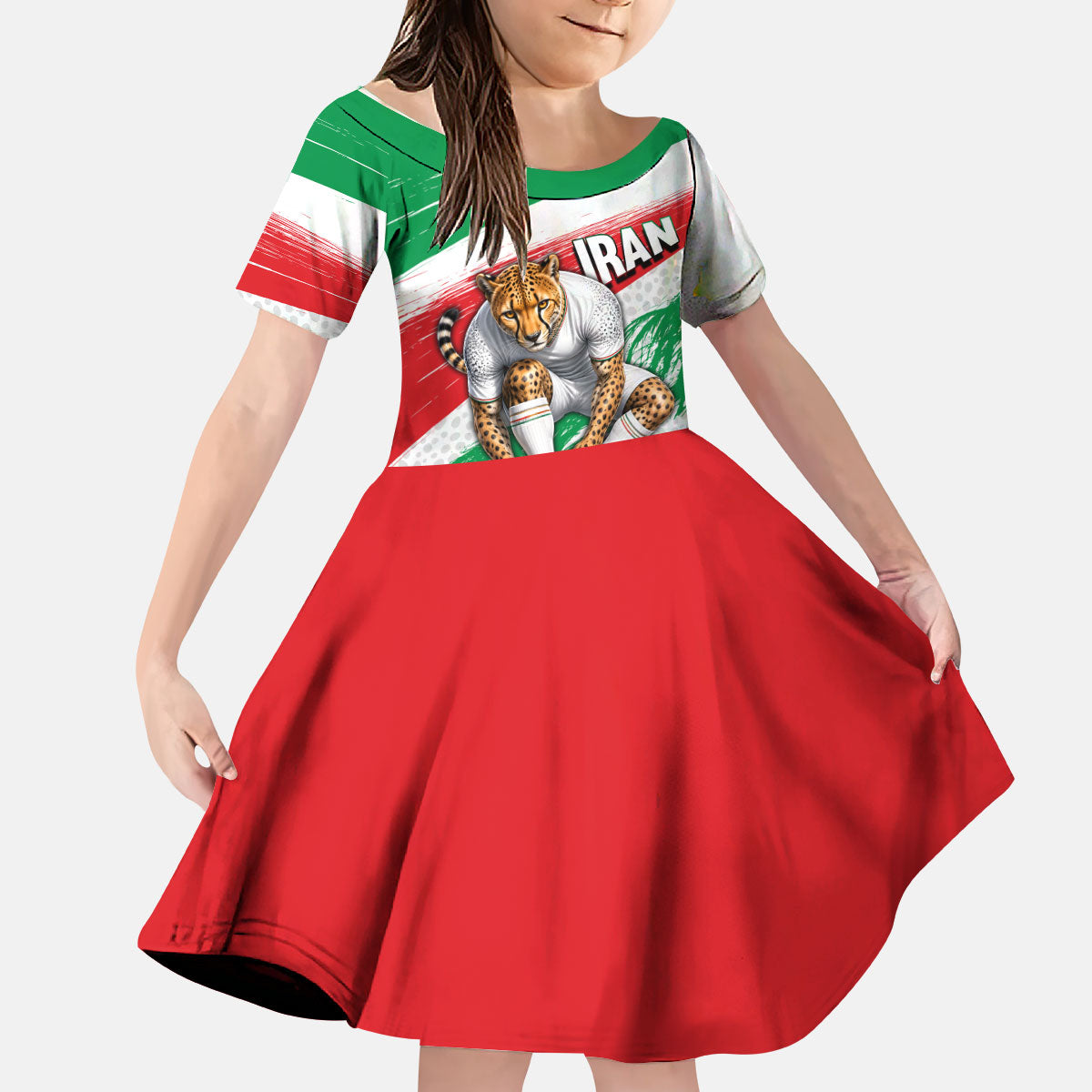 Personalized Iran Football Team Melli Kid Short Sleeve Dress Iranian Cheetah Patriotic Flag