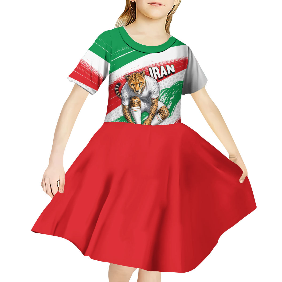 Personalized Iran Football Team Melli Kid Short Sleeve Dress Iranian Cheetah Patriotic Flag