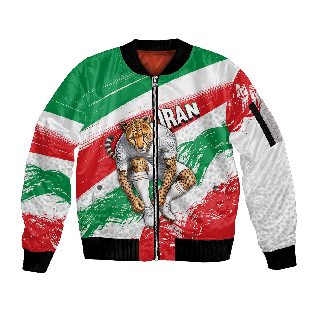 Personalized Iran Football Team Melli Sleeve Zip Bomber Jacket Iranian Cheetah Patriotic Flag