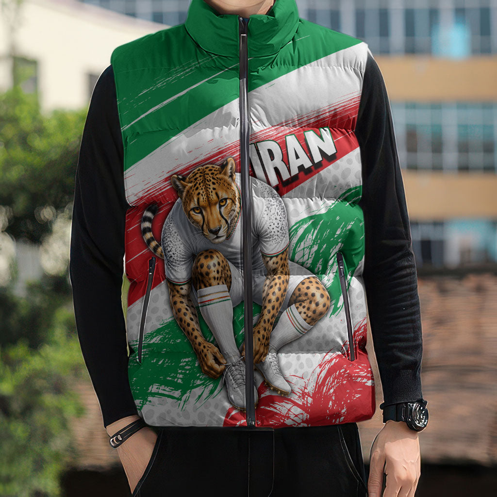 Personalized Iran Football Team Melli Sleeveless Puffer Jacket Iranian Cheetah Patriotic Flag
