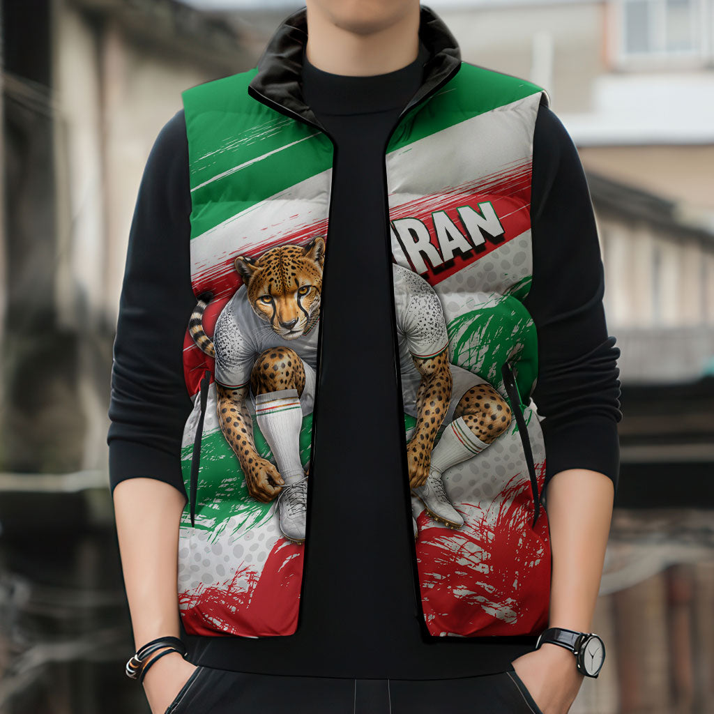 Personalized Iran Football Team Melli Sleeveless Puffer Jacket Iranian Cheetah Patriotic Flag
