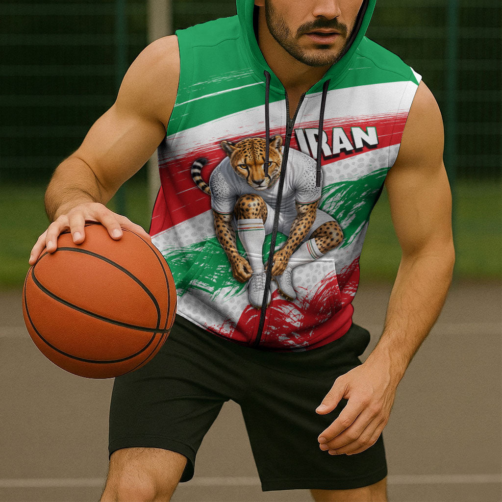 Personalized Iran Football Team Melli Sleeveless Zip Hoodie Iranian Cheetah Patriotic Flag
