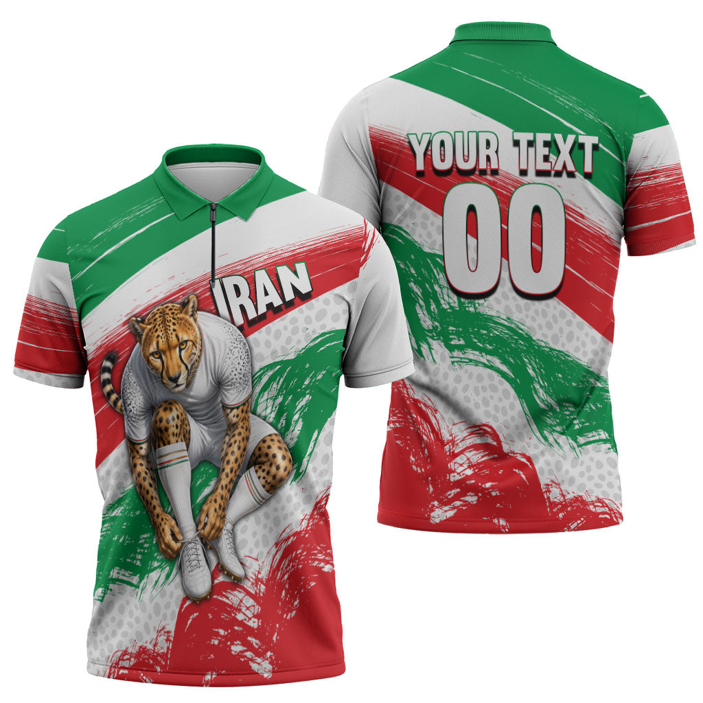 Personalized Iran Football Team Melli Zipper Polo Shirt Iranian Cheetah Patriotic Flag
