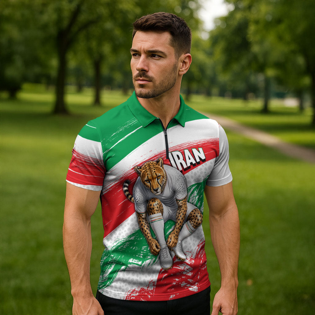 Personalized Iran Football Team Melli Zipper Polo Shirt Iranian Cheetah Patriotic Flag