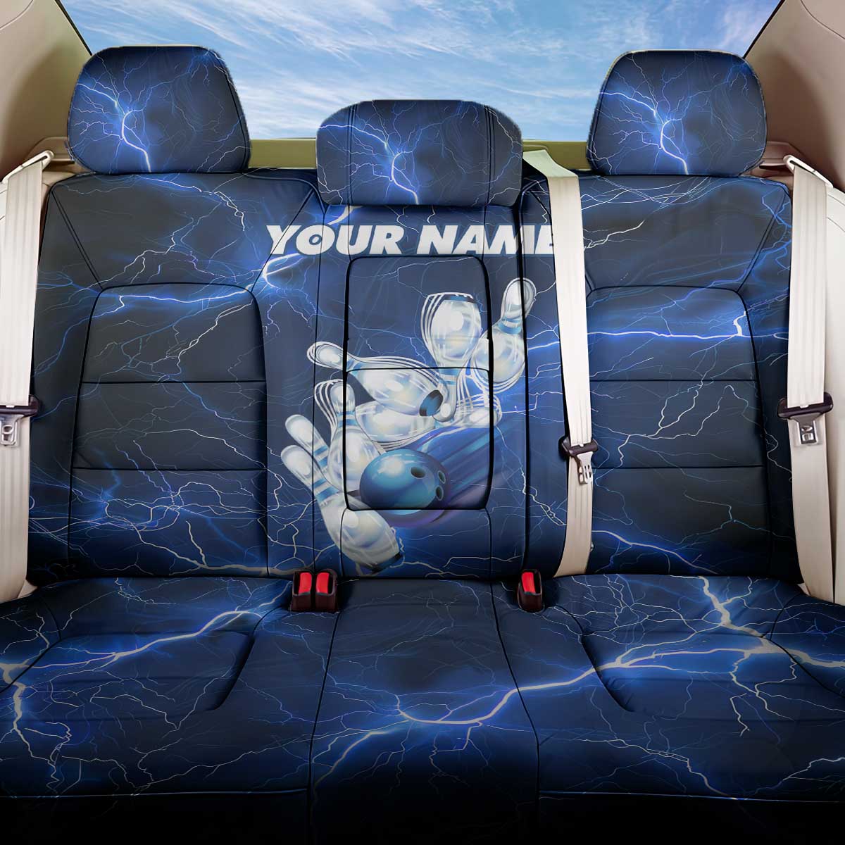 Blue Lightning Bowling Hoodie Back Car Seat Cover with Striking Ball and Pins Graphic and Custom Name Design - Wonder Print Shop