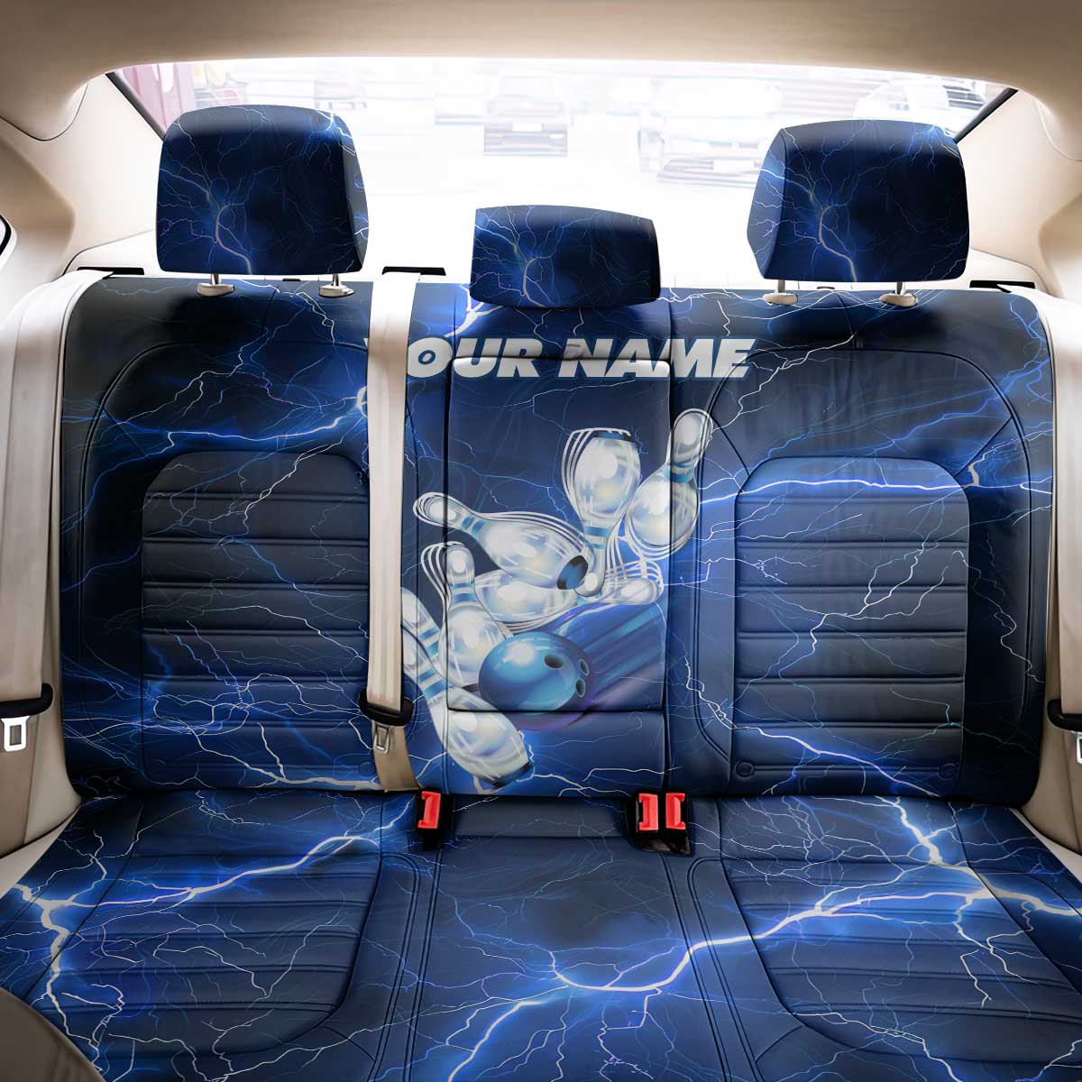 Blue Lightning Bowling Hoodie Back Car Seat Cover with Striking Ball and Pins Graphic and Custom Name Design - Wonder Print Shop