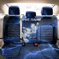Blue Lightning Bowling Hoodie Back Car Seat Cover with Striking Ball and Pins Graphic and Custom Name Design - Wonder Print Shop
