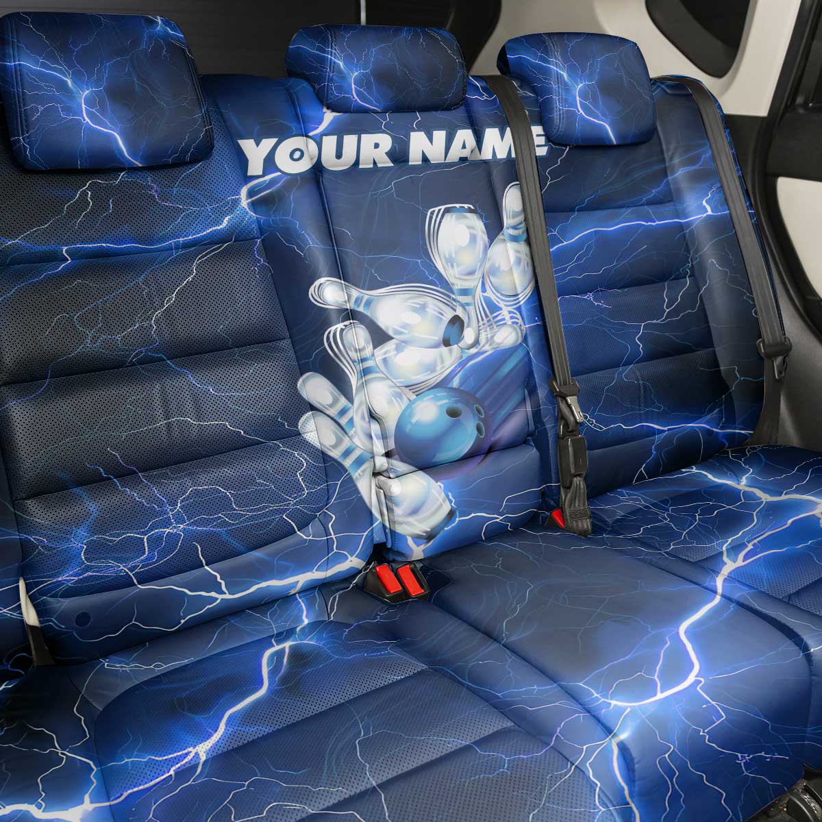 Blue Lightning Bowling Hoodie Back Car Seat Cover with Striking Ball and Pins Graphic and Custom Name Design - Wonder Print Shop