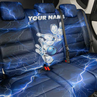 Blue Lightning Bowling Hoodie Back Car Seat Cover with Striking Ball and Pins Graphic and Custom Name Design - Wonder Print Shop