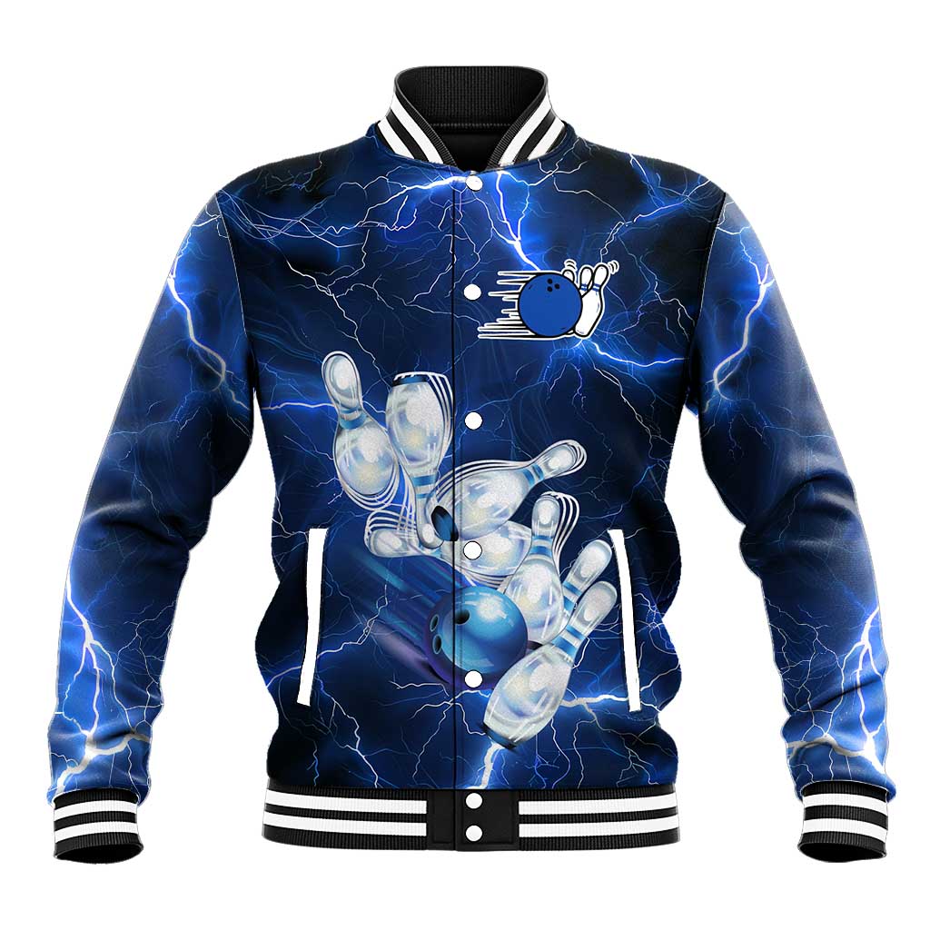 Blue Lightning Bowling Hoodie Baseball Jacket with Striking Ball and Pins Graphic and Custom Name Design - Wonder Print Shop