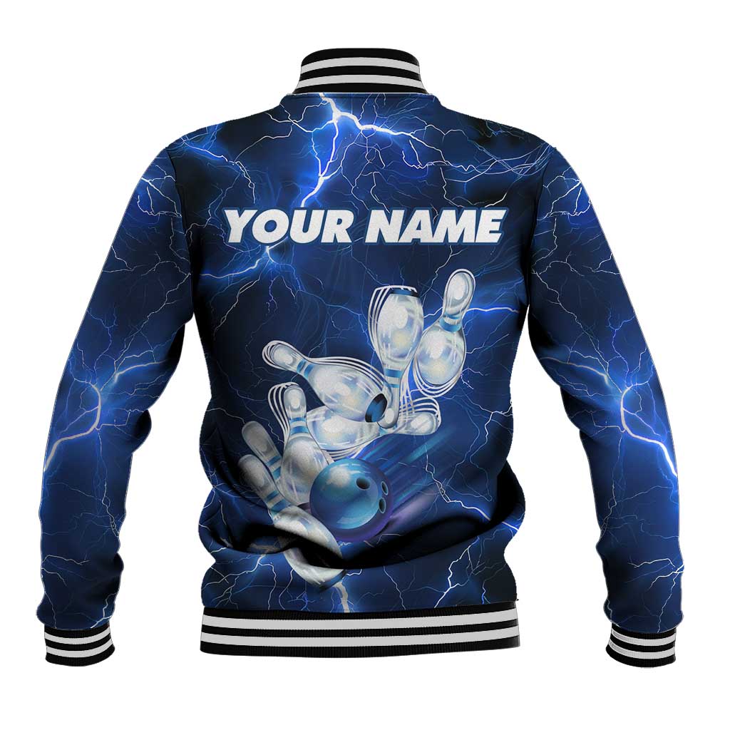Blue Lightning Bowling Hoodie Baseball Jacket with Striking Ball and Pins Graphic and Custom Name Design - Wonder Print Shop