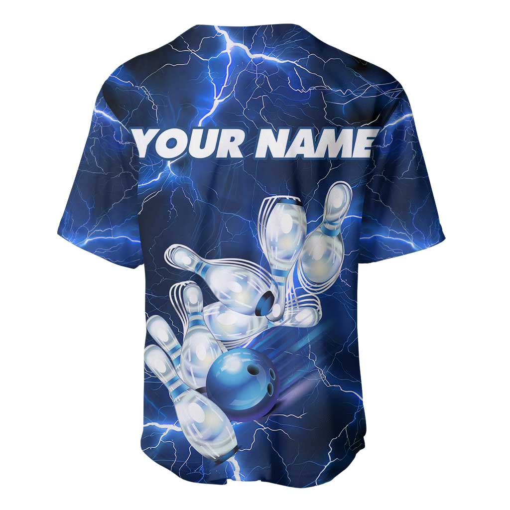 Blue Lightning Bowling Hoodie Baseball Jersey with Striking Ball and Pins Graphic and Custom Name Design - Wonder Print Shop