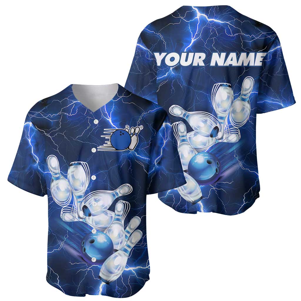 Blue Lightning Bowling Hoodie Baseball Jersey with Striking Ball and Pins Graphic and Custom Name Design - Wonder Print Shop