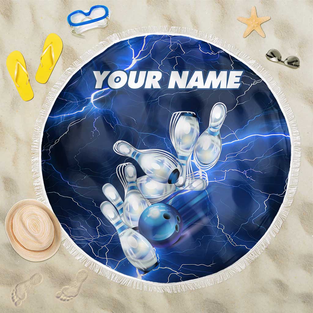 Blue Lightning Bowling Hoodie Beach Blanket with Striking Ball and Pins Graphic and Custom Name Design - Wonder Print Shop