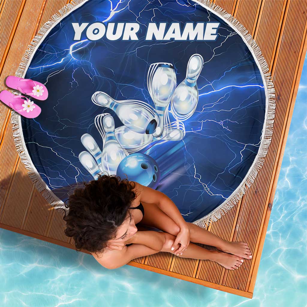 Blue Lightning Bowling Hoodie Beach Blanket with Striking Ball and Pins Graphic and Custom Name Design - Wonder Print Shop