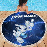 Blue Lightning Bowling Hoodie Beach Blanket with Striking Ball and Pins Graphic and Custom Name Design - Wonder Print Shop