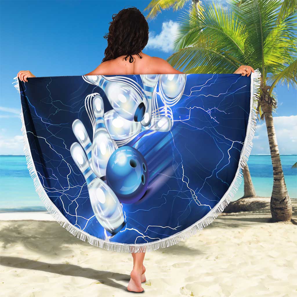 Blue Lightning Bowling Hoodie Beach Blanket with Striking Ball and Pins Graphic and Custom Name Design - Wonder Print Shop
