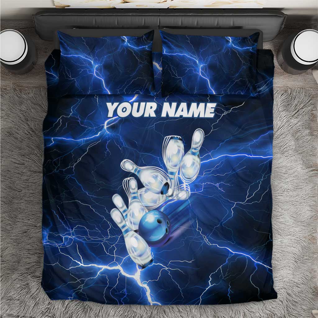 Blue Lightning Bowling Hoodie Bedding Set with Striking Ball and Pins Graphic and Custom Name Design - Wonder Print Shop