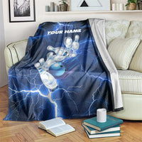 Blue Lightning Bowling Hoodie Blanket with Striking Ball and Pins Graphic and Custom Name Design - Wonder Print Shop