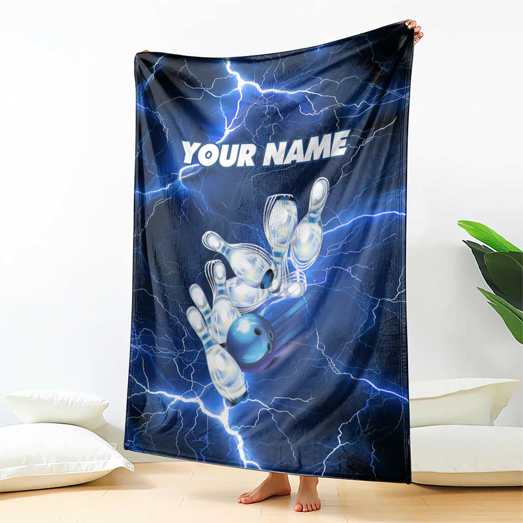 Blue Lightning Bowling Hoodie Blanket with Striking Ball and Pins Graphic and Custom Name Design - Wonder Print Shop