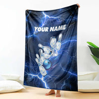 Blue Lightning Bowling Hoodie Blanket with Striking Ball and Pins Graphic and Custom Name Design - Wonder Print Shop