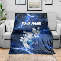 Blue Lightning Bowling Hoodie Blanket with Striking Ball and Pins Graphic and Custom Name Design - Wonder Print Shop