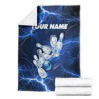 Blue Lightning Bowling Hoodie Blanket with Striking Ball and Pins Graphic and Custom Name Design - Wonder Print Shop