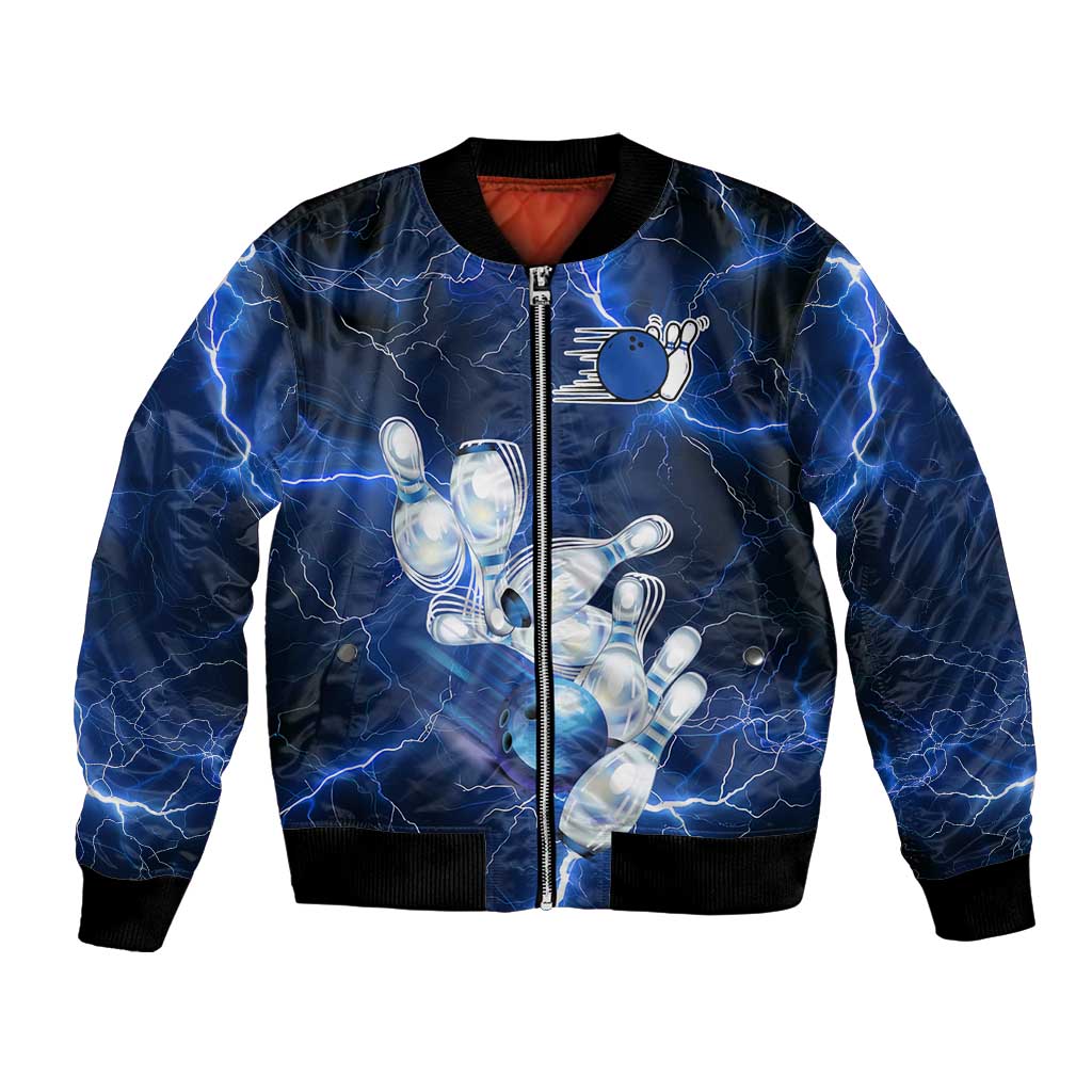 Blue Lightning Bowling Hoodie Bomber Jacket with Striking Ball and Pins Graphic and Custom Name Design - Wonder Print Shop