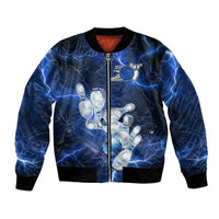 Blue Lightning Bowling Hoodie Bomber Jacket with Striking Ball and Pins Graphic and Custom Name Design - Wonder Print Shop