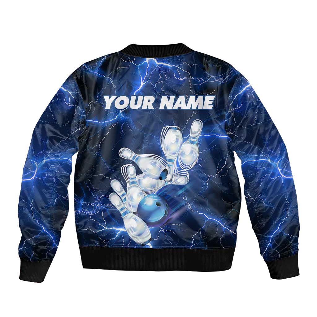 Blue Lightning Bowling Hoodie Bomber Jacket with Striking Ball and Pins Graphic and Custom Name Design - Wonder Print Shop