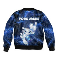 Blue Lightning Bowling Hoodie Bomber Jacket with Striking Ball and Pins Graphic and Custom Name Design - Wonder Print Shop