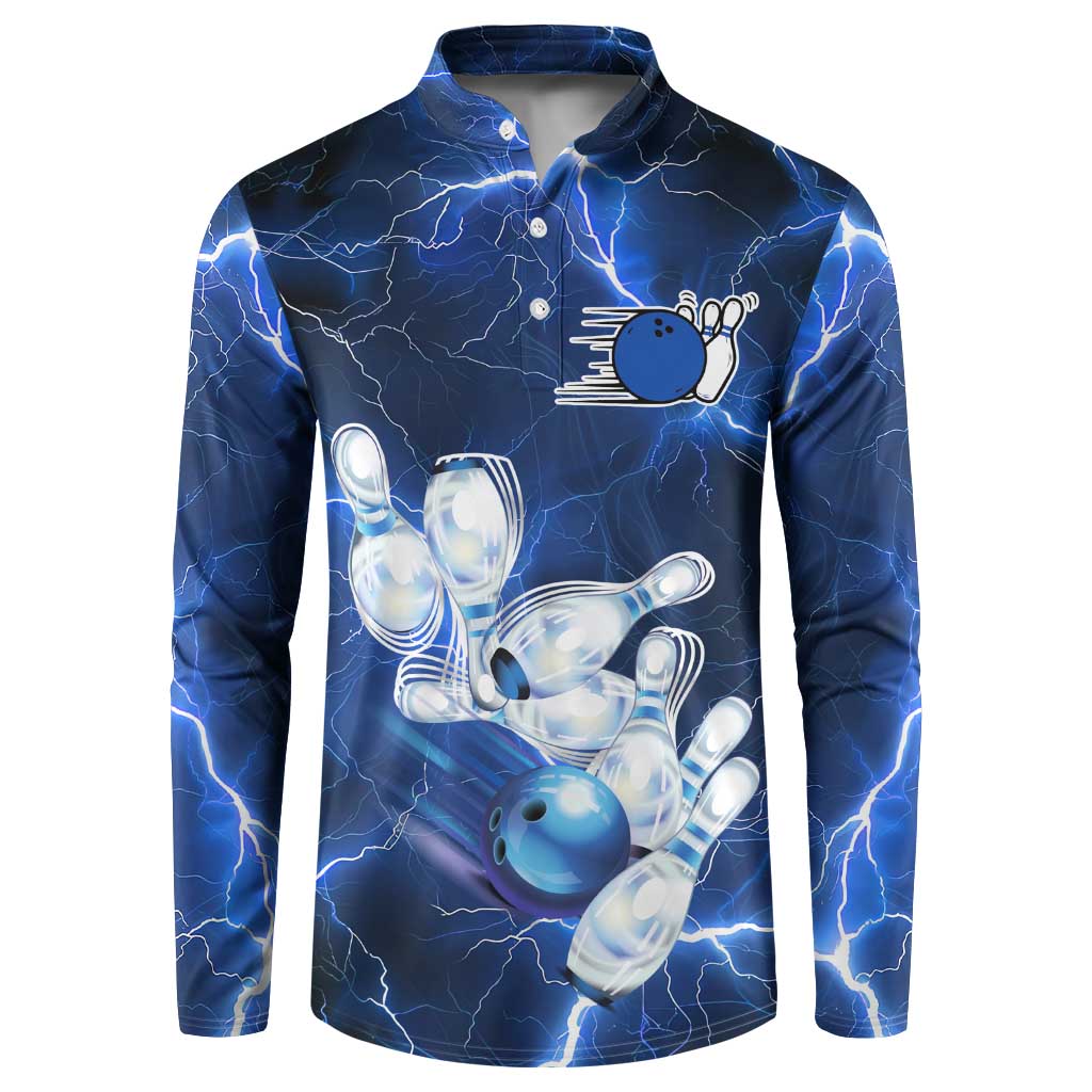 Blue Lightning Bowling Hoodie Button Sweatshirt with Striking Ball and Pins Graphic and Custom Name Design - Wonder Print Shop