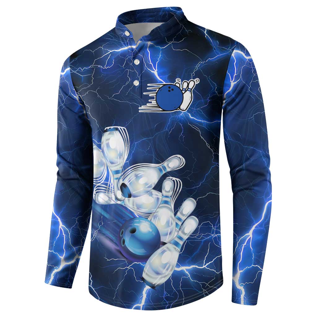 Blue Lightning Bowling Hoodie Button Sweatshirt with Striking Ball and Pins Graphic and Custom Name Design - Wonder Print Shop
