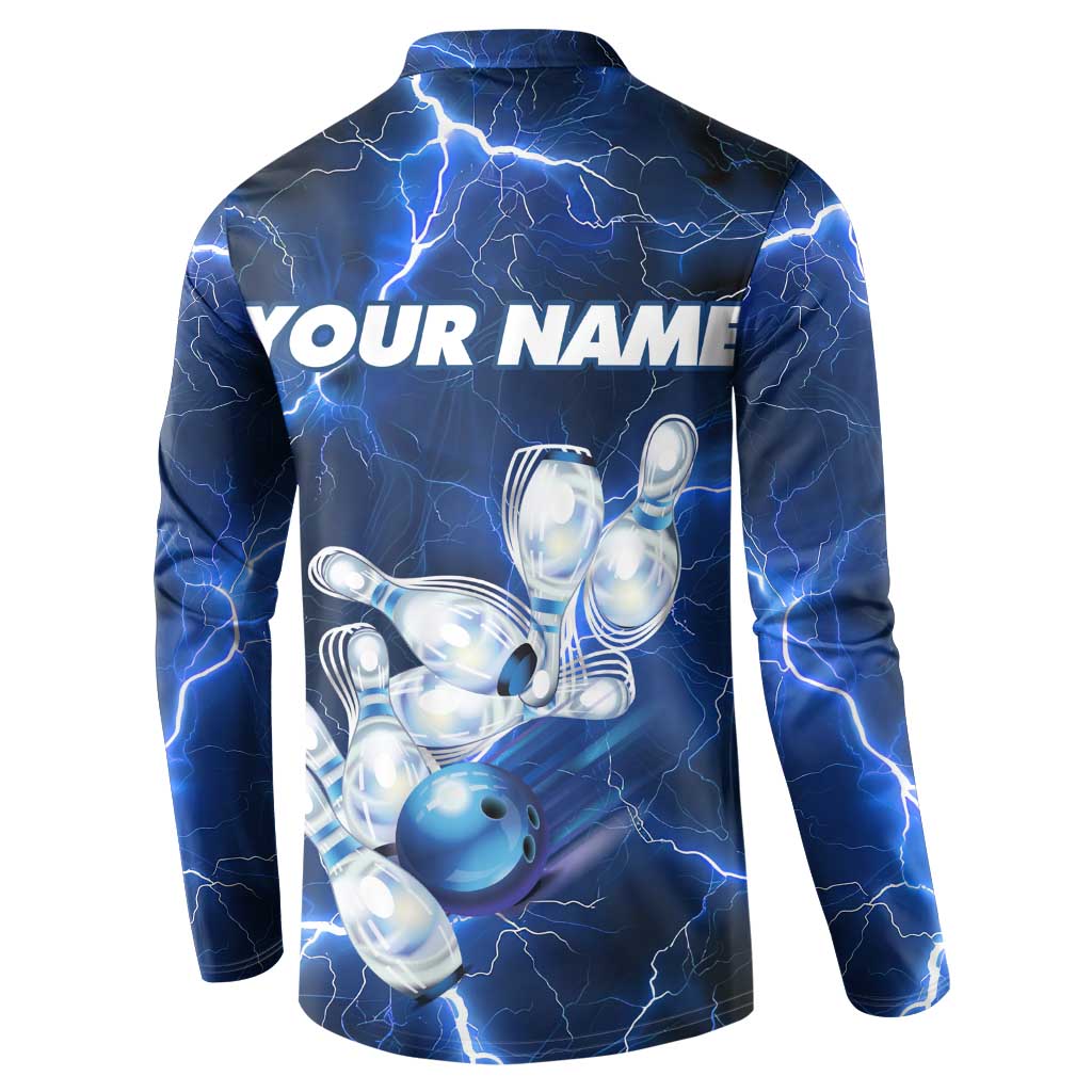 Blue Lightning Bowling Hoodie Button Sweatshirt with Striking Ball and Pins Graphic and Custom Name Design - Wonder Print Shop
