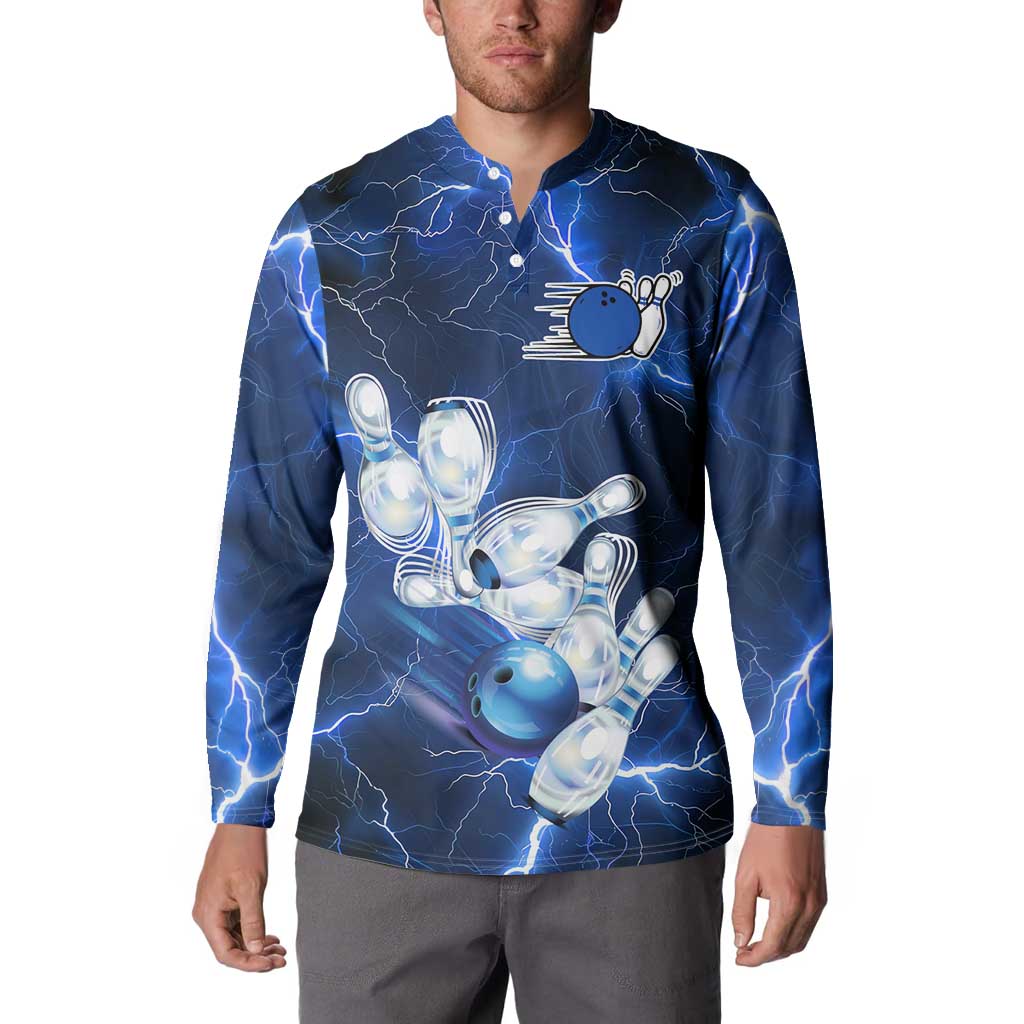 Blue Lightning Bowling Hoodie Button Sweatshirt with Striking Ball and Pins Graphic and Custom Name Design - Wonder Print Shop