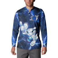 Blue Lightning Bowling Hoodie Button Sweatshirt with Striking Ball and Pins Graphic and Custom Name Design - Wonder Print Shop