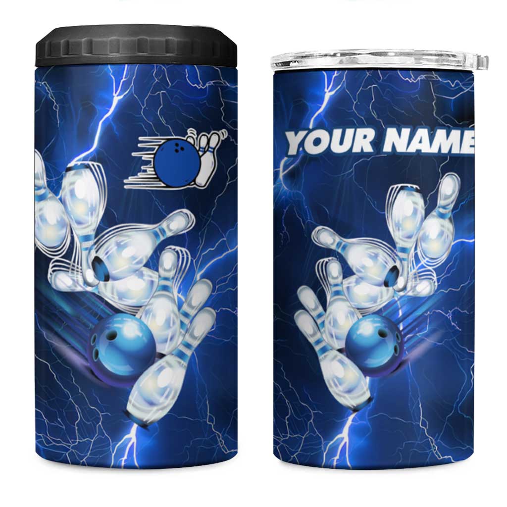 Blue Lightning Bowling Hoodie 4 in 1 Can Cooler Tumbler with Striking Ball and Pins Graphic and Custom Name Design - Wonder Print Shop
