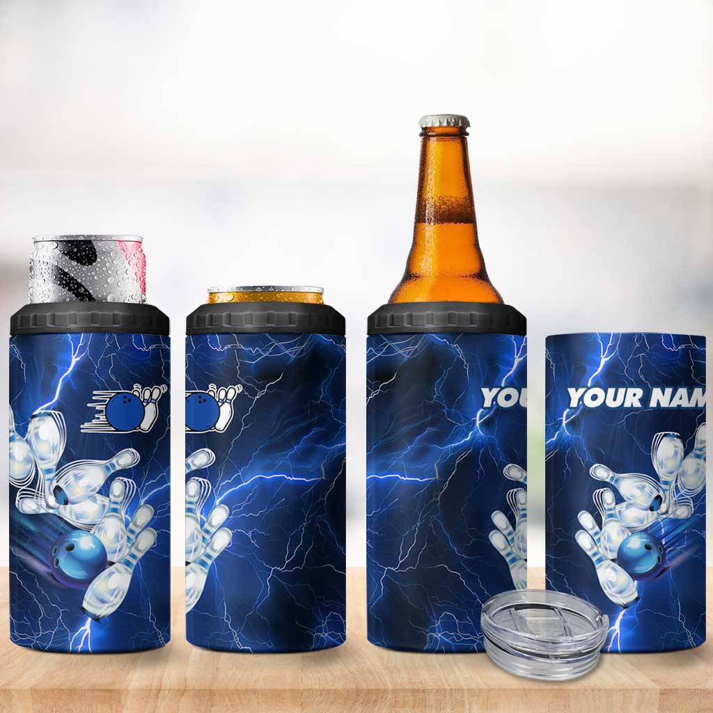 Blue Lightning Bowling Hoodie 4 in 1 Can Cooler Tumbler with Striking Ball and Pins Graphic and Custom Name Design - Wonder Print Shop