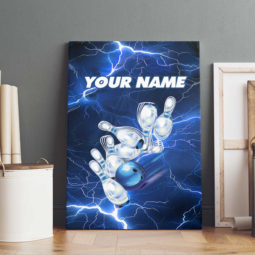 Blue Lightning Bowling Hoodie Canvas Wall Art with Striking Ball and Pins Graphic and Custom Name Design - Wonder Print Shop