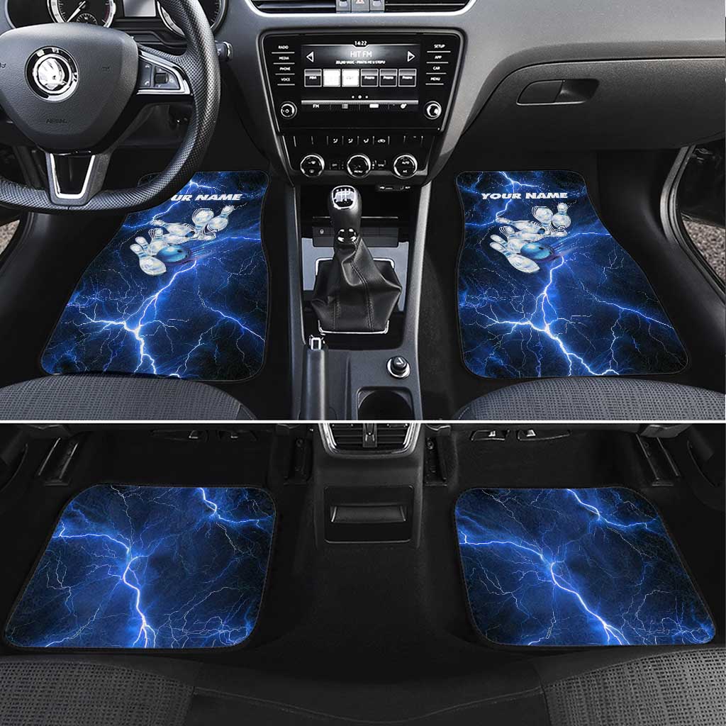 Blue Lightning Bowling Hoodie Car Mats with Striking Ball and Pins Graphic and Custom Name Design - Wonder Print Shop