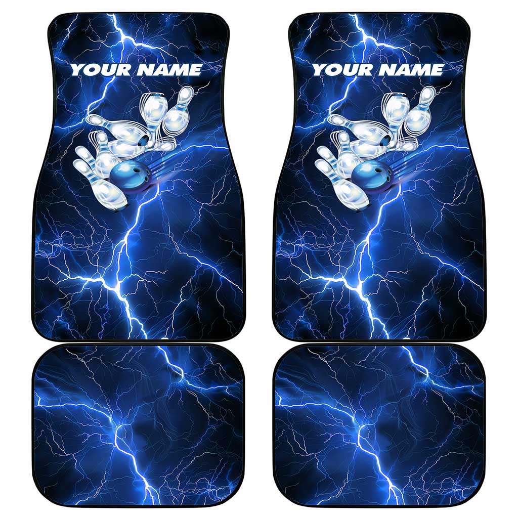 Blue Lightning Bowling Hoodie Car Mats with Striking Ball and Pins Graphic and Custom Name Design - Wonder Print Shop