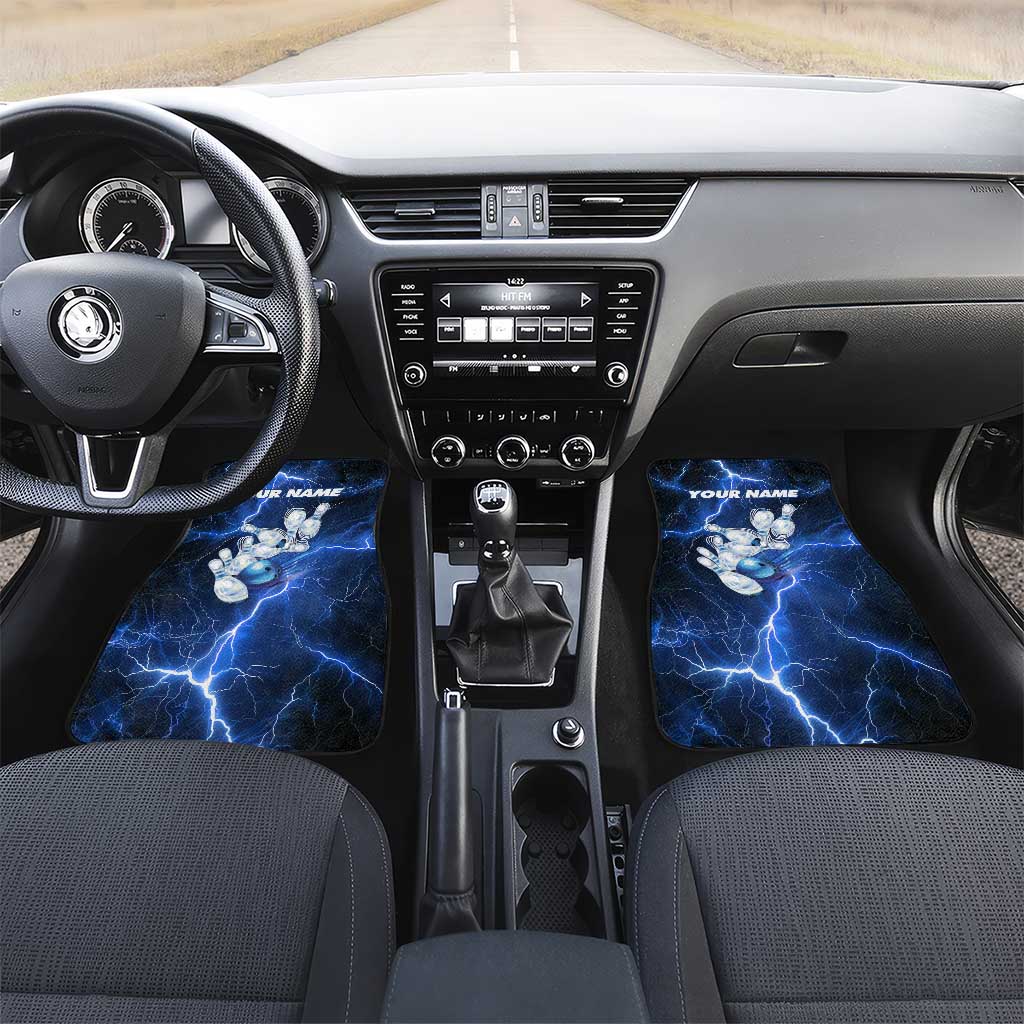 Blue Lightning Bowling Hoodie Car Mats with Striking Ball and Pins Graphic and Custom Name Design - Wonder Print Shop