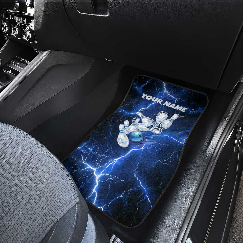 Blue Lightning Bowling Hoodie Car Mats with Striking Ball and Pins Graphic and Custom Name Design - Wonder Print Shop