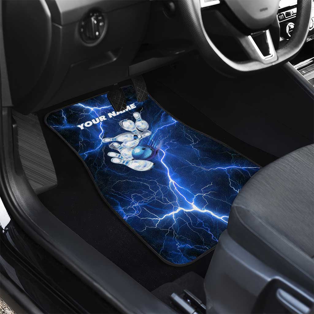 Blue Lightning Bowling Hoodie Car Mats with Striking Ball and Pins Graphic and Custom Name Design - Wonder Print Shop