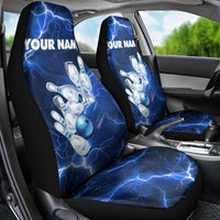 Blue Lightning Bowling Hoodie Car Seat Cover with Striking Ball and Pins Graphic and Custom Name Design - Wonder Print Shop