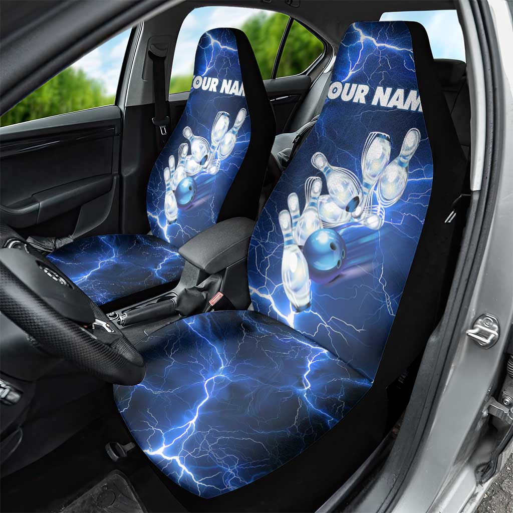 Blue Lightning Bowling Hoodie Car Seat Cover with Striking Ball and Pins Graphic and Custom Name Design - Wonder Print Shop