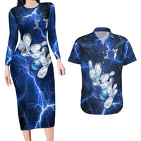 Blue Lightning Bowling Hoodie Couples Matching Long Sleeve Bodycon Dress and Hawaiian Shirt with Striking Ball and Pins Graphic and Custom Name Design - Wonder Print Shop