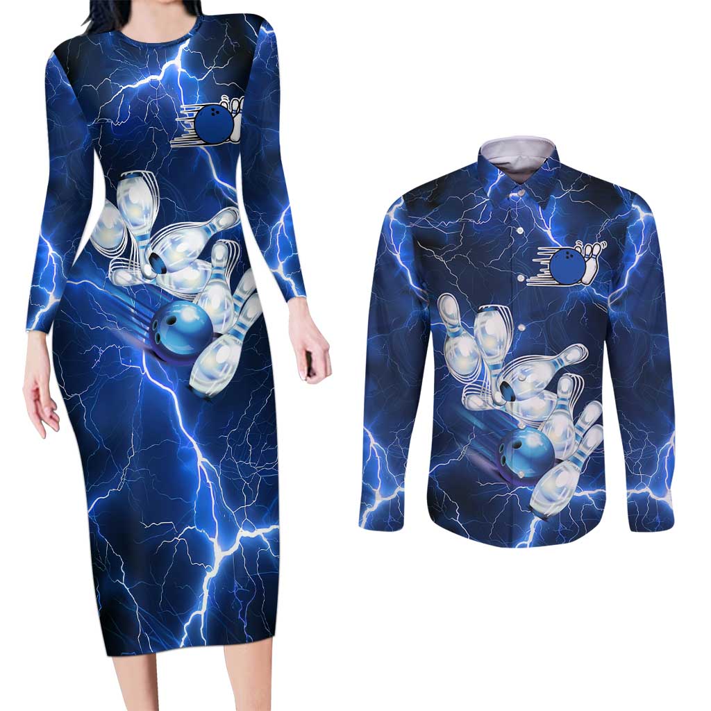 Blue Lightning Bowling Hoodie Couples Matching Long Sleeve Bodycon Dress and Long Sleeve Button Shirt with Striking Ball and Pins Graphic and Custom Name Design - Wonder Print Shop